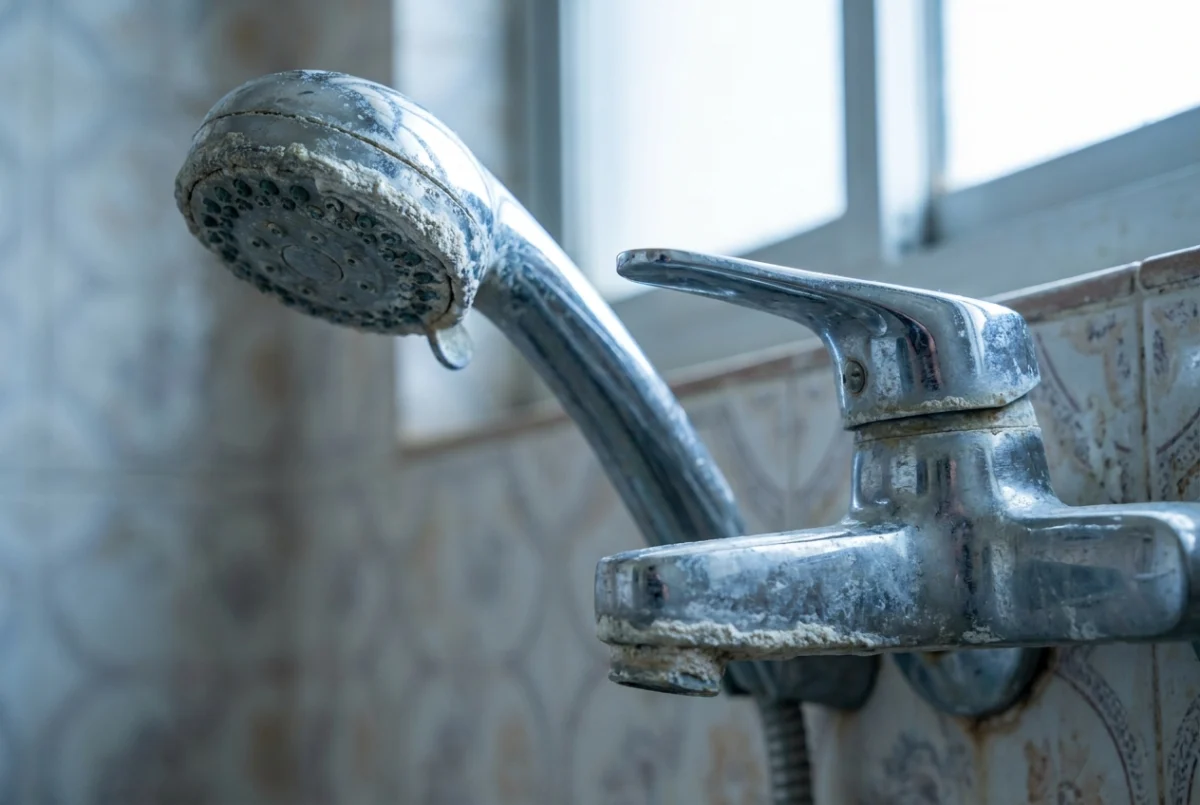 Limescale-crusted shower head from hard water