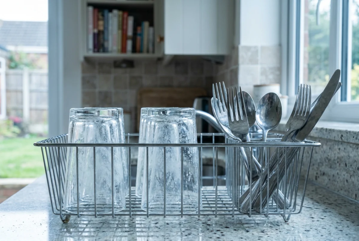 Hard-water spots on glasses and utensils