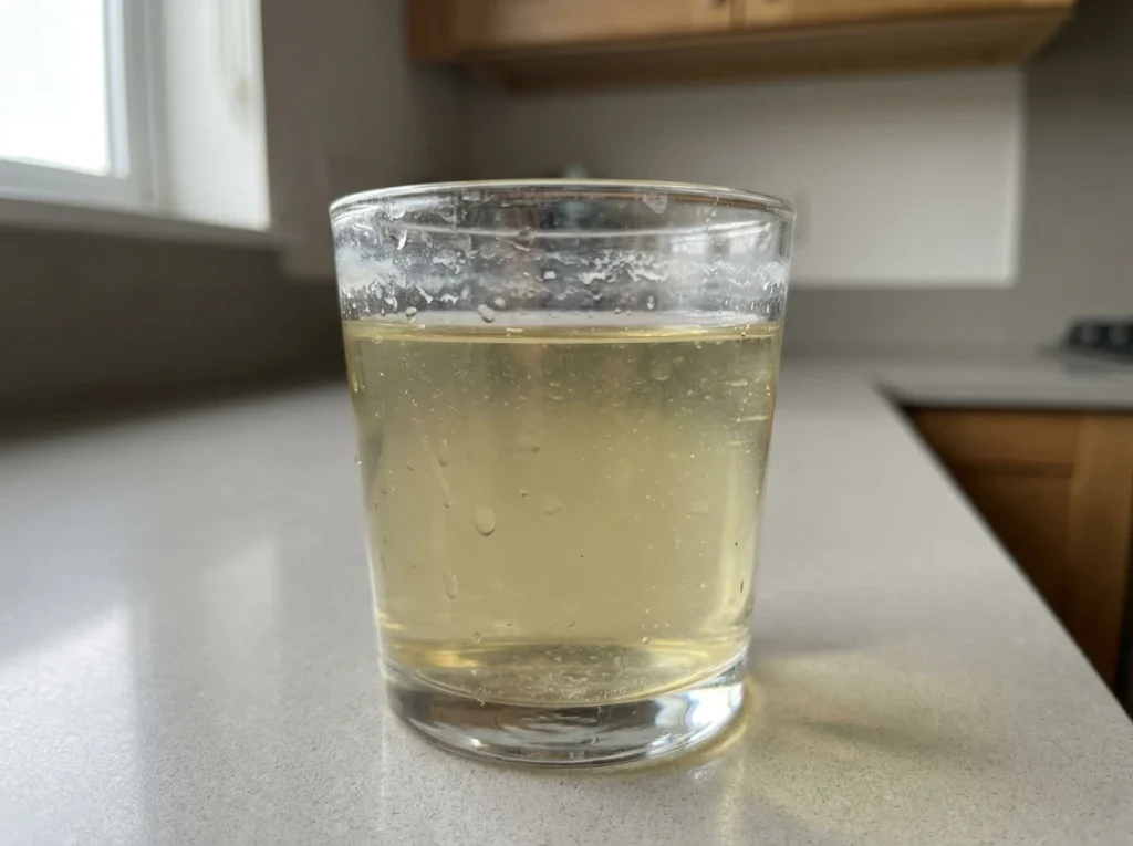 Untreated hard water in a glass, illustrating that boiling does not remove dissolved solids